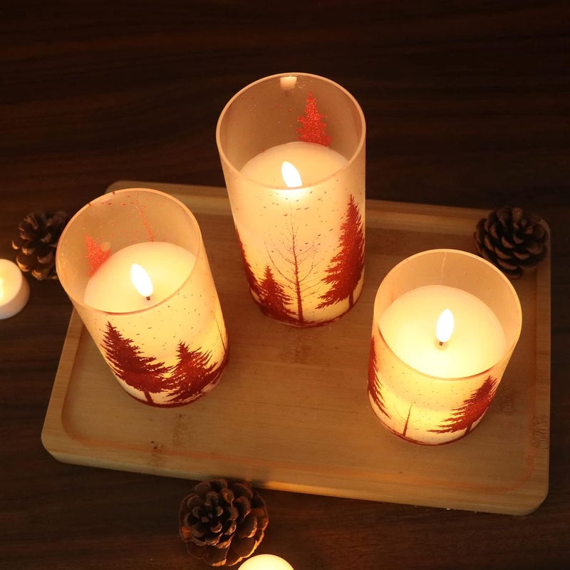 DRomance Christmas Tree Glass Flameless Candles with Remote Timer Battery Operated Real Wax 3D Wick LED Flickering Pillar Candles Christmas Holiday Decor(Red, 3 x 4,5,6 Inch) - Image 3